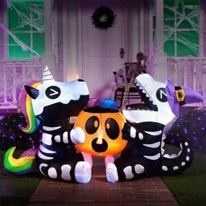 🆕Halloween 6 ft Black Outdoor Decorations Skeleton Unicorn and Dinosaur Pumpkin